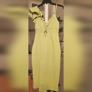 New York & Company One-Shoulder Ruffle Dress in Light Green